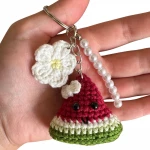 Gifted Yarns Handcrafted Crochet Watermelon Keychain with Flower & Pearl Beads, Multicolor, 5 cm - Gifted yarns