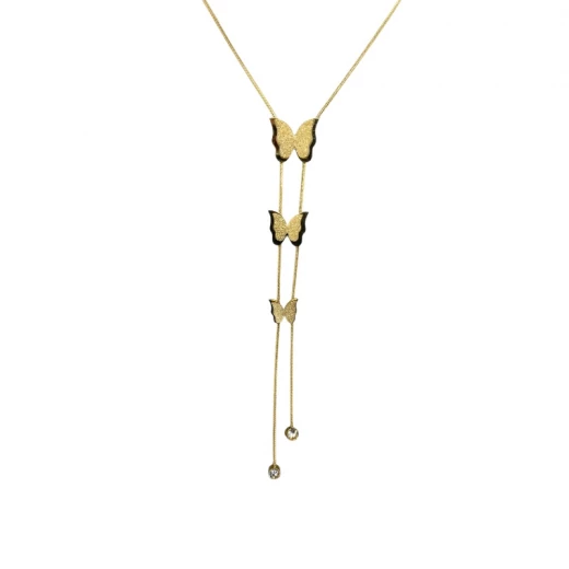 AURA An elegant vertical necklace featuring three golden butterflies adorned with shimmering crystal beads – a graceful piece that captures femininity and charm AURA An elegant vertical necklace featuring three golden butterflies adorned with shimmering crystal beads – a graceful piece that captures femininity and charm