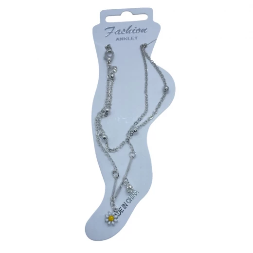 AURA Double-layered silver anklet featuring a chain with small bead accents on the first layer and a second layer adorned with a delicate jasmine flower design – color guaranteed. AURA Double-layered silver anklet featuring a chain with small bead accents on the first layer and a second layer adorned with a delicate jasmine flower design – color guaranteed.