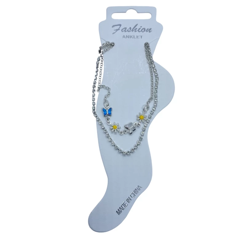AURA Double-layered silver anklet featuring a chain with two colorful butterflies and two elegant jasmine flowers on the first layer, and a second layer studded with crystals for a bright, luxurious look – color guaranteed. - Aura