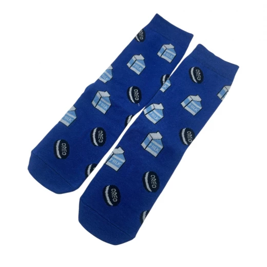 Long cotton socks in blue featuring Oreo cookies and milk carton designs. Soft, comfy, and perfect for a playful, fun everyday look. Long cotton socks in blue featuring Oreo cookies and milk carton designs. Soft, comfy, and perfect for a playful, fun everyday look.