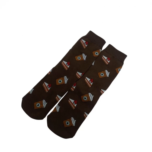 Long cotton socks in brown featuring cake pieces and ice cream cups designs. Soft, comfy, and perfect for adding a playful, fun touch to everyday wear. Long cotton socks in brown featuring cake pieces and ice cream cups designs. Soft, comfy, and perfect for adding a playful, fun touch to everyday wear.