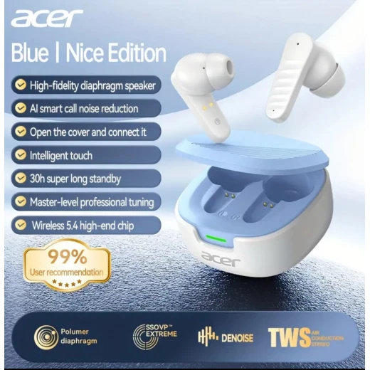 Acer Wireless Earbuds Bluetooth 5.4 – HiFi Stereo Headphones with AI Noise Reduction, 30h Standby, Intelligent Touch –,Blue - Snugsy - Image 2