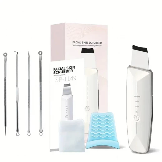 Premium Ultrasonic Facial Skin Scrubber with 4 Stainless Steel Blackhead Removal Tools – Deep Cleansing, Lifting Exfoliation – Rechargeable Premium Ultrasonic Facial Skin Scrubber with 4 Stainless Steel Blackhead Removal Tools – Deep Cleansing, Lifting Exfoliation – Rechargeable
