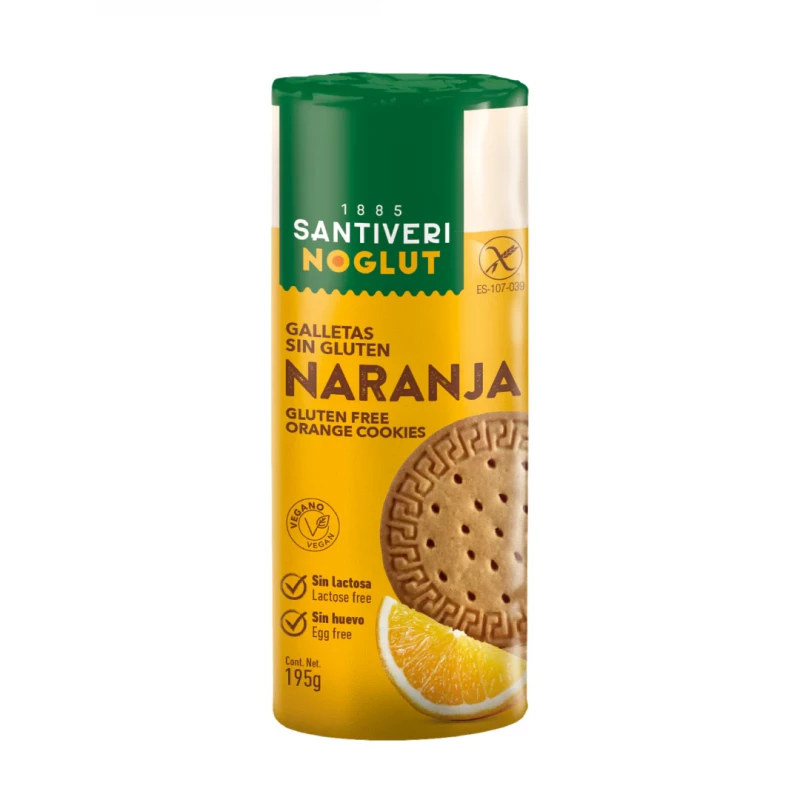 Santiveri Gluten-Free Orange Biscuits 195g, Light and Healthy Snack, Suitable for Gluten Intolerance, Refreshing Orange Flavor with Crispy Texture, Perfect for Daily Snacking or Enjoying with Tea or Coffee - Santiveri