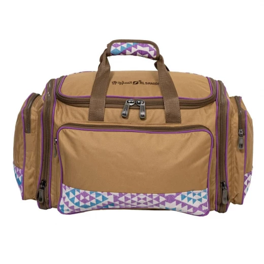 Al-Mustawi Travel Bag Khaki with lavender Chanel ribbon trim, 35L – Easy Organization, Rugged Durability, Foldable Storage - Atad - Image 4