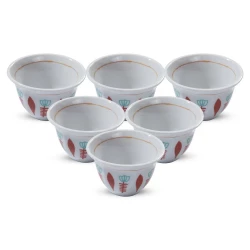 6-Piece Porcelain Arabic Coffee Cup Set – Traditional Rose Pattern, White × Red, Large Size