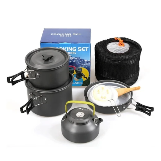 ATAD Portable Outdoor Camping Cookware Set – Foldable Camping Mess Kit Includes 2 Pots, Frying Pan, Teapot & Bowls with Storage Mesh Bag for Backpacking & Picnic ATAD Portable Outdoor Camping Cookware Set – Foldable Camping Mess Kit Includes 2 Pots, Frying Pan, Teapot & Bowls with Storage Mesh Bag for Backpacking & Picnic
