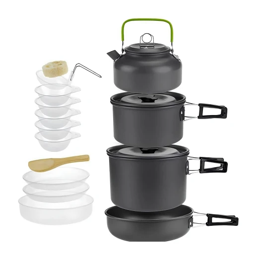 ATAD Portable Outdoor Camping Cookware Set – Foldable Camping Mess Kit Includes 2 Pots, Frying Pan, Teapot & Bowls with Storage Mesh Bag for Backpacking & Picnic - Atad - Image 3