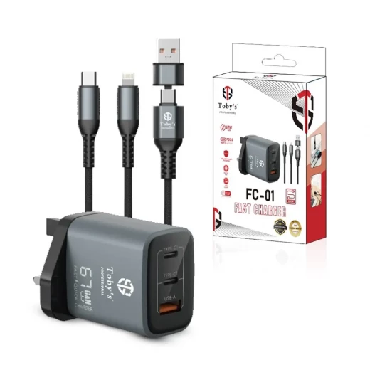 Toby's Smart 67 Watt GaN Fast Wall Charger with Triple Ports Dual Type-C and USB-A Super Fast Charging UK Plug Includes Type-C and Lightning Cables Toby's Smart 67 Watt GaN Fast Wall Charger with Triple Ports Dual Type-C and USB-A Super Fast Charging UK Plug Includes Type-C and Lightning Cables