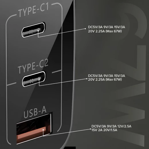 Toby's Smart 67 Watt GaN Fast Wall Charger with Triple Ports Dual Type-C and USB-A Super Fast Charging UK Plug Includes Type-C and Lightning Cables - Tobys - Image 5