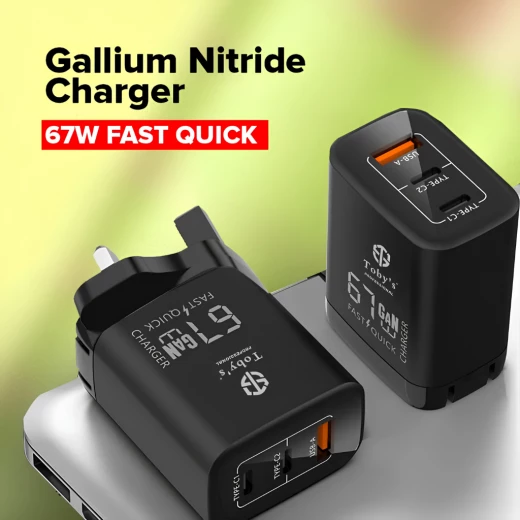 Toby's Smart 67 Watt GaN Fast Wall Charger with Triple Ports Dual Type-C and USB-A Super Fast Charging UK Plug Includes Type-C and Lightning Cables - Tobys - Image 6