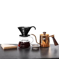 ATAD Complete Specialty Pour-Over Coffee Brewing Set 700ml & 600ml – Golden Copper Gooseneck Kettle with Wooden Handle, Glass Server, Ceramic Cups & Paper Filters