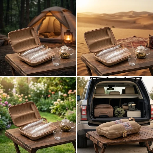 ATAD Shockproof & Water-Resistant Tea Glasses Case (12 Pcs) – Hard Shell EVA Construction with Spandex Lining (15 x 22 x 7.2 cm) Wooden Tone with Traditional Agate Pattern - Atad - Image 2