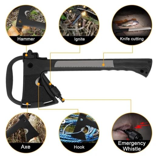 ATAD Multi-Tool Outdoor Camping Hand Axe Combo Kit – 36 cm Hatchet with 30 cm Saw Blade, Fire Starter Flint, Whistle, Hammer & Plastic Sheath for Wilderness & Survival - Atad - Image 4
