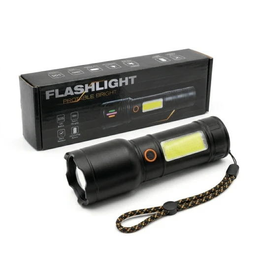 ATAD Rechargeable Tactical LED Flashlight – Super Bright Torch with COB Side Light, Durable Black Body & Braided Lanyard for Camping & Emergency Use ATAD Rechargeable Tactical LED Flashlight – Super Bright Torch with COB Side Light, Durable Black Body & Braided Lanyard for Camping & Emergency Use