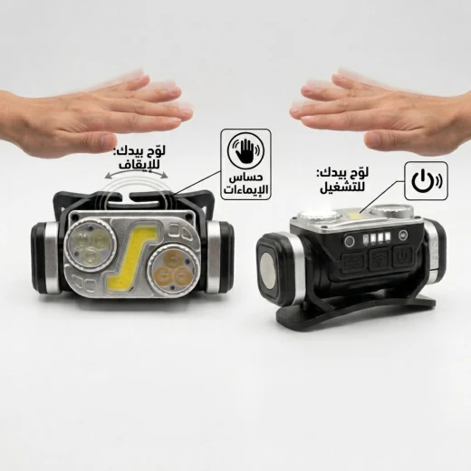كشاف رأس ليد محمول قابل للشحن مع حساس حركة استشعار – إضاءة متعددة (أبيض، أصفر، سي او بي، أحمر تحذيري) بطارية 1200 ميلي امبير  ومقاومة للماء  من عتاد - عتاد - Image 7