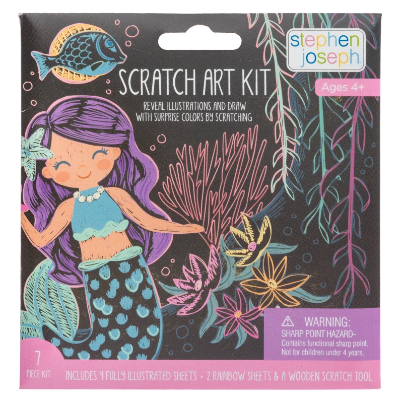 مجموعة فن الخدش للأطفال, تصميم حورية البحر, تتضمن 6 بطاقات وأداة خشبية, نشاط فني ممتع وآمن ينمي الإبداع والمهارات الحركية, صديقة للبيئة من ستيفن جوزيف - ستيفن جوزيف