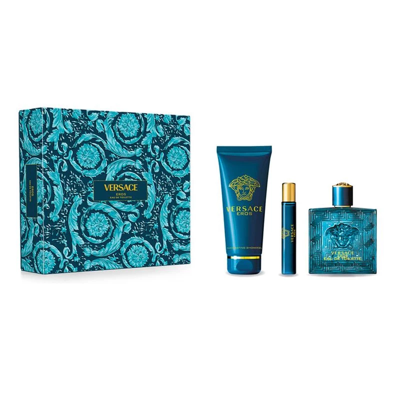طقم هدايا رجالي فيرساتشي إيروس – 3 قطع (100 مل ماء عطر، 10 مل بخاخ صغير، جل استحمام)، مجموعة عطور فاخرة - فيرساتشي