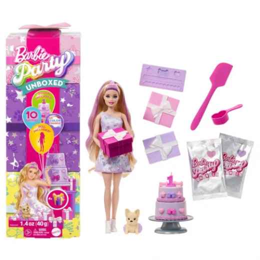 Mattel Barbie Party Unboxed Doll Birthday Series with 10 Surprises Color Change & Cake Decorating Activity Mattel Barbie Party Unboxed Doll Birthday Series with 10 Surprises Color Change & Cake Decorating Activity