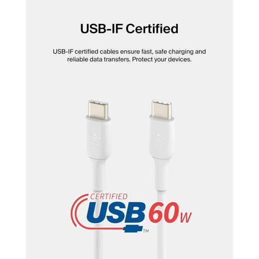 كيبل شحن سريع بيلكينUSB-C إلى USB-C (1 متر/3.3 قدم) - آيفون، جالاكسي، آيباد، والمزيد, أبيض - بيلكين - Image 3