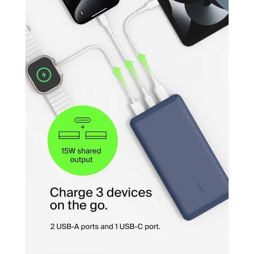 باور بانك بيلكين بوست تشارج بسعة 20,000 مللي أمبير، بثلاثة منافذ – USB-C بقوة 15 واط، ومنفذين USB-A، مع كابل USB-A إلى USB-C بطول 15 سم، أزرق - بيلكين - Image 2