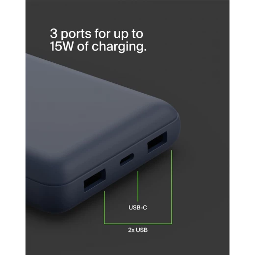 باور بانك بيلكين بوست تشارج بسعة 20,000 مللي أمبير، بثلاثة منافذ – USB-C بقوة 15 واط، ومنفذين USB-A، مع كابل USB-A إلى USB-C بطول 15 سم، أزرق - بيلكين - Image 9