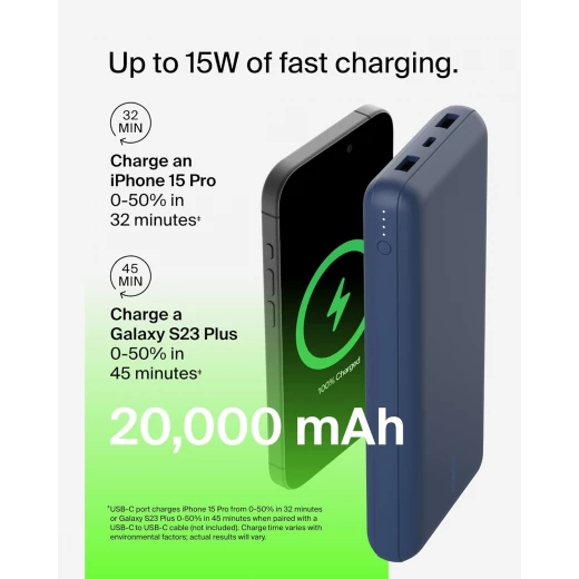 باور بانك بيلكين بوست تشارج بسعة 20,000 مللي أمبير، بثلاثة منافذ – USB-C بقوة 15 واط، ومنفذين USB-A، مع كابل USB-A إلى USB-C بطول 15 سم، أزرق - بيلكين - Image 11