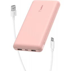 Belkin BoostCharge 3-Port 20K Power Bank with USB-C 15W, dual USB-A, 15cm USB-A to USB-C Cable, Pink