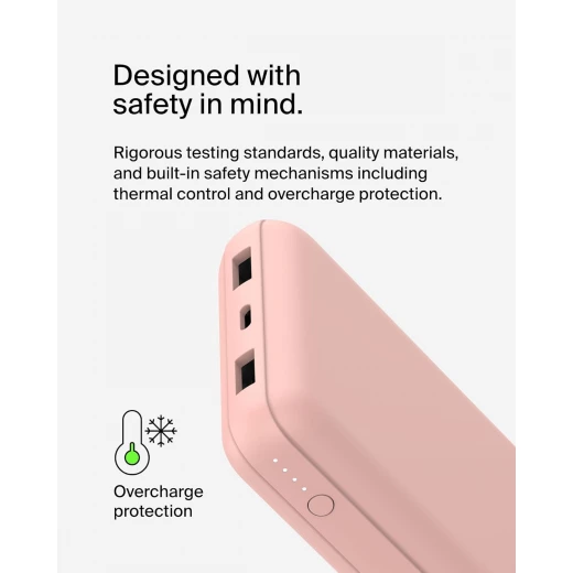 باور بانك بيلكين بوست تشارج بسعة 20,000 مللي أمبير، بثلاثة منافذ – USB-C بقوة 15 واط، ومنفذين USB-A، مع كابل USB-A إلى USB-C بطول 15 سم، وردي - بيلكين - Image 10