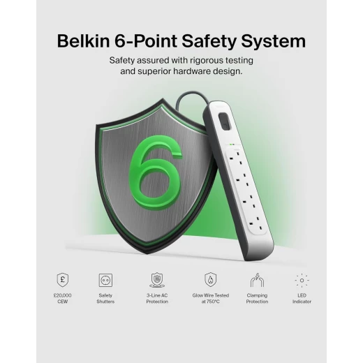 شريط تمديد Belkin 4-Way للحماية من زيادة التيار بطول 2 متر أبيض - احمِ أجهزتك الإلكترونية - بيلكين - Image 2