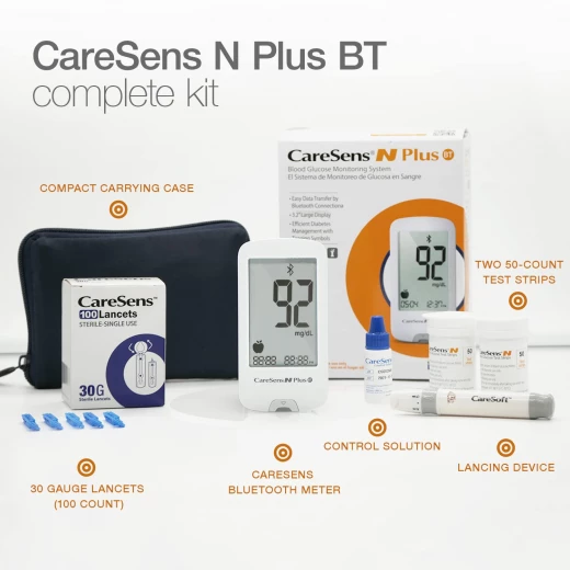 Care Sens N Plus Bluetooth Blood Glucose Monitor Kit with 100 Blood Sugar Test Strips, 100 Lancets, 1 Blood Glucose Meter, 1 Lancing Device, Travel Case for Diabetes Testing Kit (Auto-Coding Glucometer kit with 1 Control Solution) for Personal Use - Care Sens - Image 2