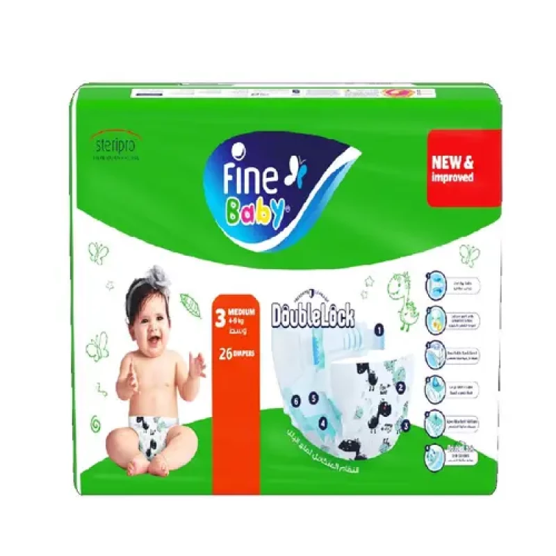 Fine Baby Junior Diapers Size 3 for Babies Weighing 4-9 Kg, Featuring Double Lock Technology for Superior Leakage Protection, Convenient 26 Count Pack for Daily Use - Fine Baby