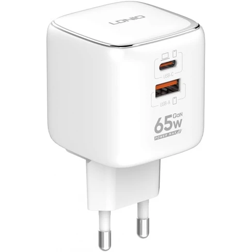 LDNIO 65W USB-C Wall Charger with Foldable Plug, Dual Ports, Fast Charging, White Q2617 LDNIO 65W USB-C Wall Charger with Foldable Plug, Dual Ports, Fast Charging, White Q2617