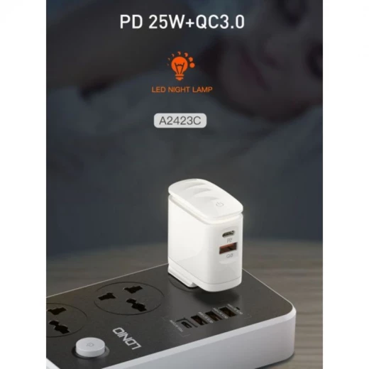 شاحن LDNIO A2423C سريع 25 واط PD و QC 3.0 مع مصباح ليلي قابس المملكة المتحدة - إل دي إن آي أو - Image 6
