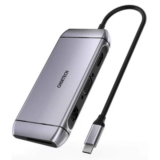 Choetech 9-in-1 USB-C Hub Multifunctional Adapter, HDMI 4K, VGA, USB 3.0, SD/TF Card Reader, RJ45, Gray Choetech 9-in-1 USB-C Hub Multifunctional Adapter, HDMI 4K, VGA, USB 3.0, SD/TF Card Reader, RJ45, Gray