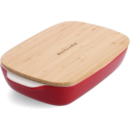 KitchenAid Stoneware Rectangular Baking Dish with Bamboo Lid, PFAS Free Ceramic, Empire Red, 26 cm KitchenAid Stoneware Rectangular Baking Dish with Bamboo Lid, PFAS Free Ceramic, Empire Red, 26 cm