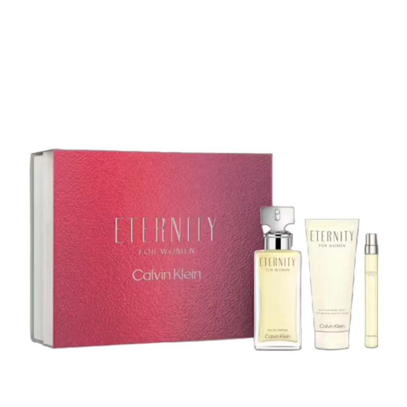 مجموعة هدايا كالفن كلاين إترنيتي للمرأة عطر 100 مل مع عطر زهري، تتضمن لوشن الجسم وجل الاستحمام، مثالية لها - كالفين كلاين