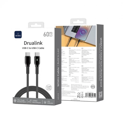 كابل وي وو C075 Oringlink USB-C إلى USB-C من سبائك الزنك مضفر بالنايلون، طول 1 متر، أسود كابل وي وو C075 Oringlink USB-C إلى USB-C من سبائك الزنك مضفر بالنايلون، طول 1 متر، أسود
