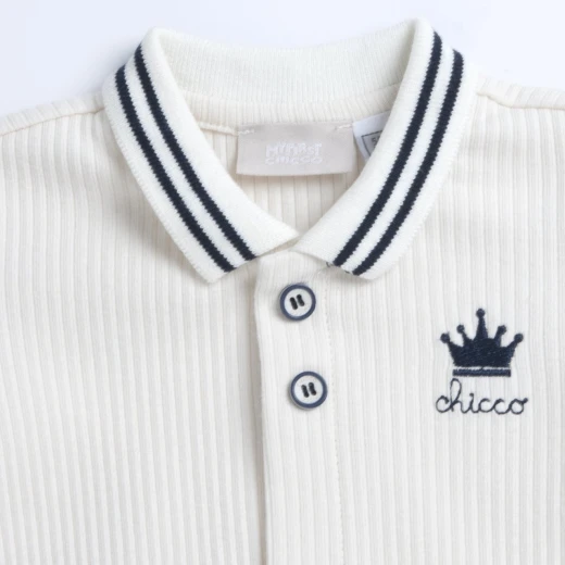 Chicco Baby Romper in Stretch Sustainable Cotton Knit, Contrast Stripe Collar, Embroidered Logo, Front Snap Button Closure, Non-Slip Feet, Oeko-Tex Certified, New Collection - Chicco - Image 3
