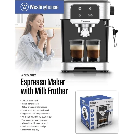 Espresso Maker with Milk Frother, 20-Bar High-Pressure Pump, 1200W, Touch Control Panel, Adjustable Steam Wand, 1.8L Removable Water Tank, Single and Double Shot Brewing, Stainless Steel Construction - Image 2