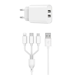 شاحن USB مزدوج WIWU مع كابل 3 في 1، قابس أوروبي، أبيض Wi-U003 أبيض