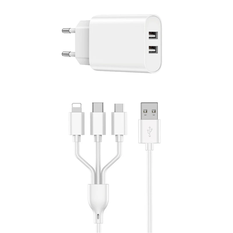 شاحن USB مزدوج WIWU مع كابل 3 في 1، قابس أوروبي، أبيض Wi-U003 أبيض - وي وُو