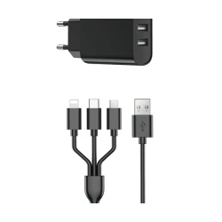 شاحن حائط WiWU WI-U003 مزدوج بمنفذ USB-A مع كابل 3 في 1