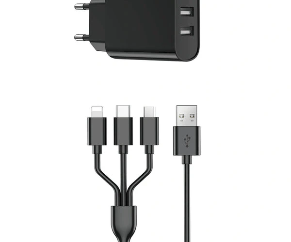 شاحن حائط WiWU WI-U003 مزدوج بمنفذ USB-A مع كابل 3 في 1 - وي وُو
