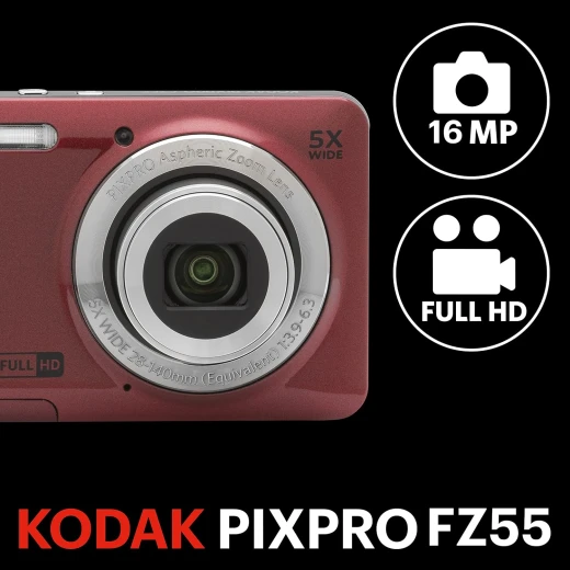 KODAK PIXPRO FZ55 16MP Compact Digital Camera Red 5X Optical Zoom 28mm Wide Angle Lens 1080p Full HD Video 2.7 Inch LCD Point and Shoot Vlogging Camera Li-Ion Battery - Kodak - Image 3