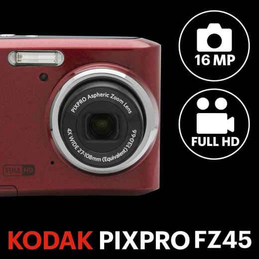 كوداك بيكسبرو FZ45 كاميرا رقمية مدمجة 16 ميجابكسل عدسة زووم بصري 4x بزاوية واسعة 27 ملم فيديو فل اتش دي 1080p شاشة LCD 2.7 بوصة أحمر - كوداك - Image 3