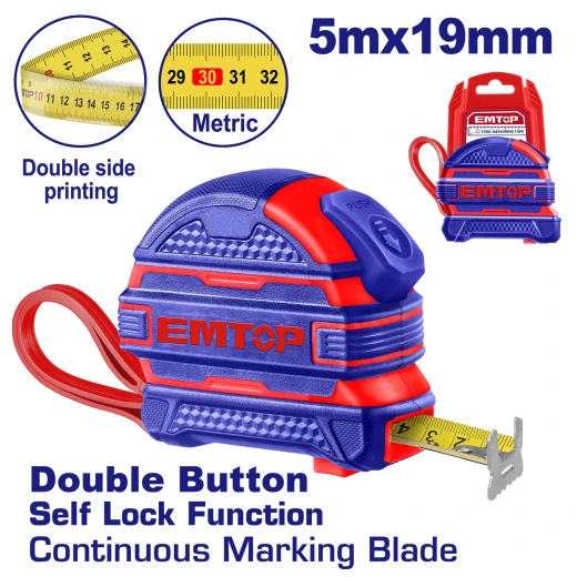 EMTOP EMTP2519M 5m Measuring Tape – Durable and Accurate Tape Measure for Measuring Lengths and Distances, Ideal for Construction, Carpentry, Installation, Maintenance, Workshop & DIY Applications